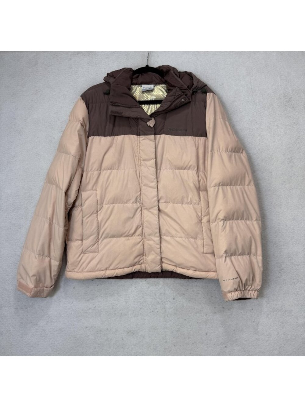 Columbia Jacket Womens Large Pink Brown Hooded Quilted Down Puffer Omni-Heat Zip